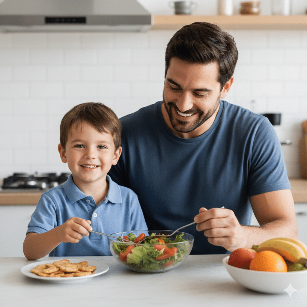 Padre e hijo pequeño sonriendo y disfrutando de una ensalada fresca en una cocina moderna y luminosa. La imagen representa los beneficios de un nutricionista infantil en Burgos, promoviendo hábitos saludables y una relación positiva con la comida en la familia.