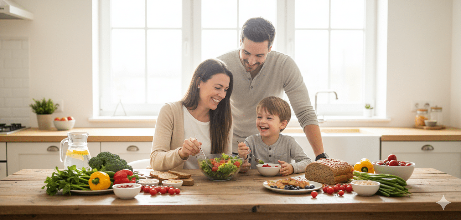 Familia feliz (padres e hijo pequeño de unos 4-5 años) sonriendo y comiendo una ensalada y fruta en una cocina luminosa. Transmiten una alimentación saludable y momentos agradables en la mesa.