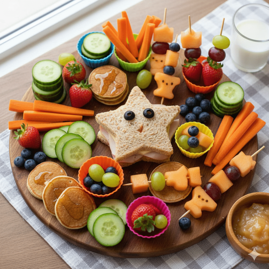 Plato colorido y saludable con porciones de comida atractivas para niños: verduras cortadas, fruta fresca, proteínas y cereales integrales, dispuestos de forma divertida. Representa un menú equilibrado para la nutrición infantil.